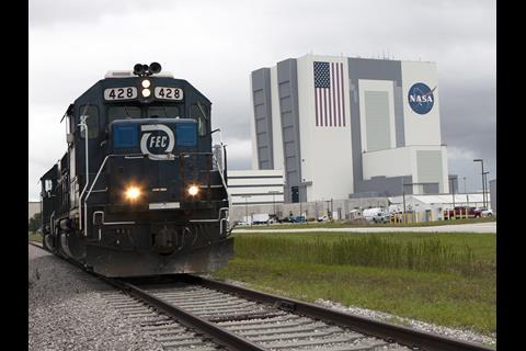 Two Florida East Coast locomotives were used to verify that vibrations from train operations would not affect the processing of space launch vehicles (Photo: NASA/Daniel Casper).